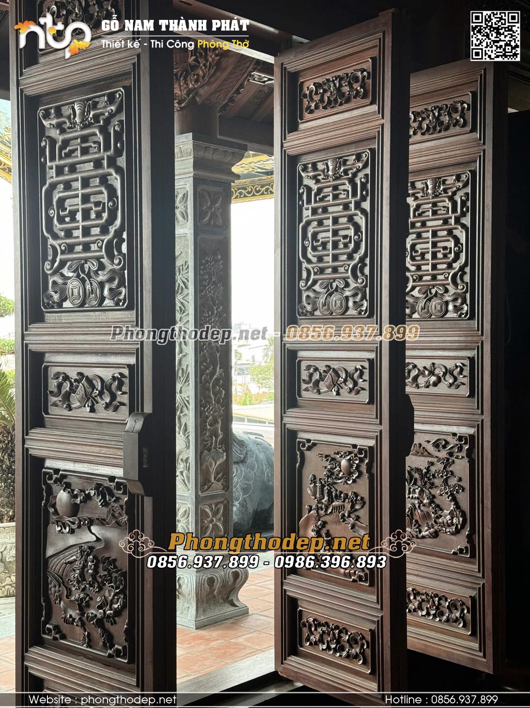 Mẫu cửa bức bàn đục chạm hoạ tiết chữ phúc trên lá pano đặc